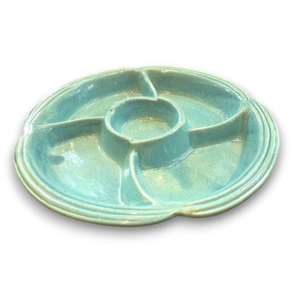 Vintage 50s California Pottery Chip & Dip Set Dish Turquoise Blue 10''